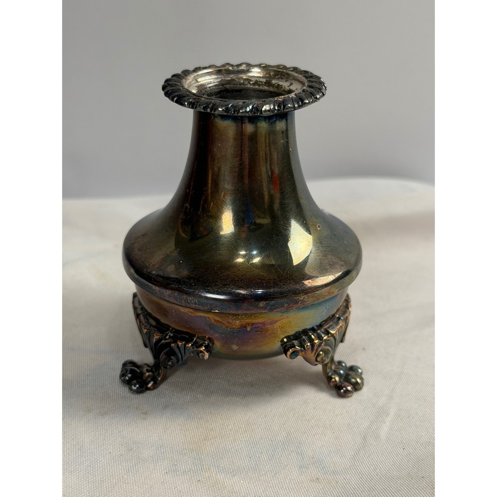 Exeter Silver Plate Bud Vase Ornate Tripod Claw Feet Rope Rim Vintage Decor